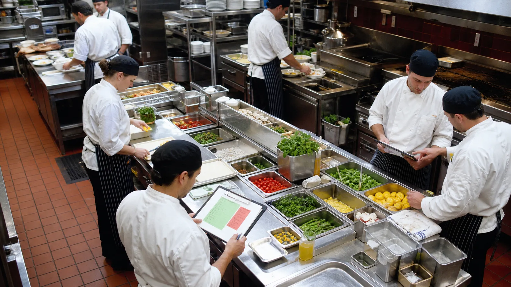 繁忙餐厅后厨在开餐前按标准工位、原料批次和检查卡完成交接,用现实流程呈现AI服务发布前的运营门禁