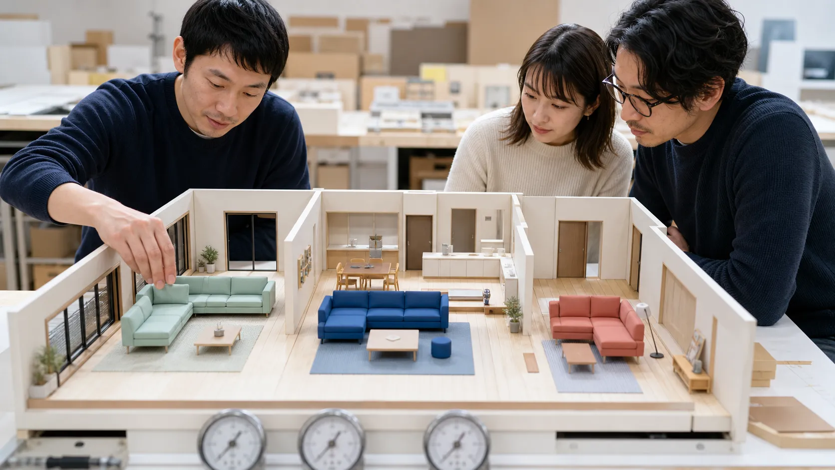 明亮的室内样板实验室里,设计师在同一真实空房模型上比较三套可拆卸家具方案,同时保留门窗和尺度基准