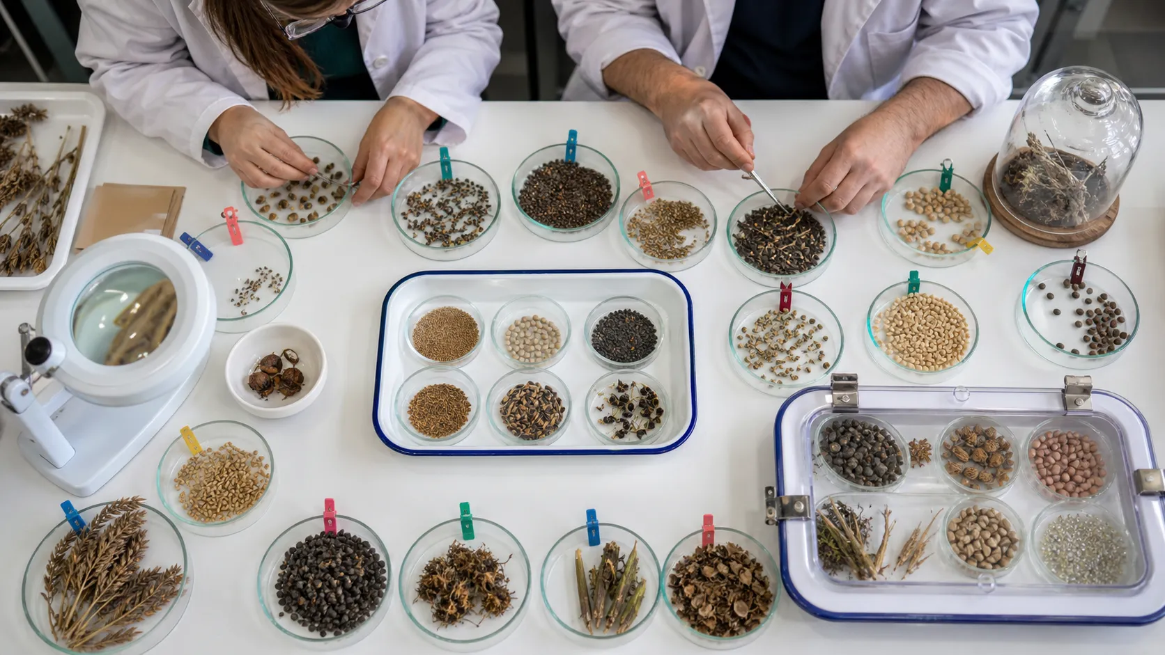 北欧植物种质实验室里,研究员先按来源、品种和发芽状态清理种子样本,再把它们送入多台自动测试设备