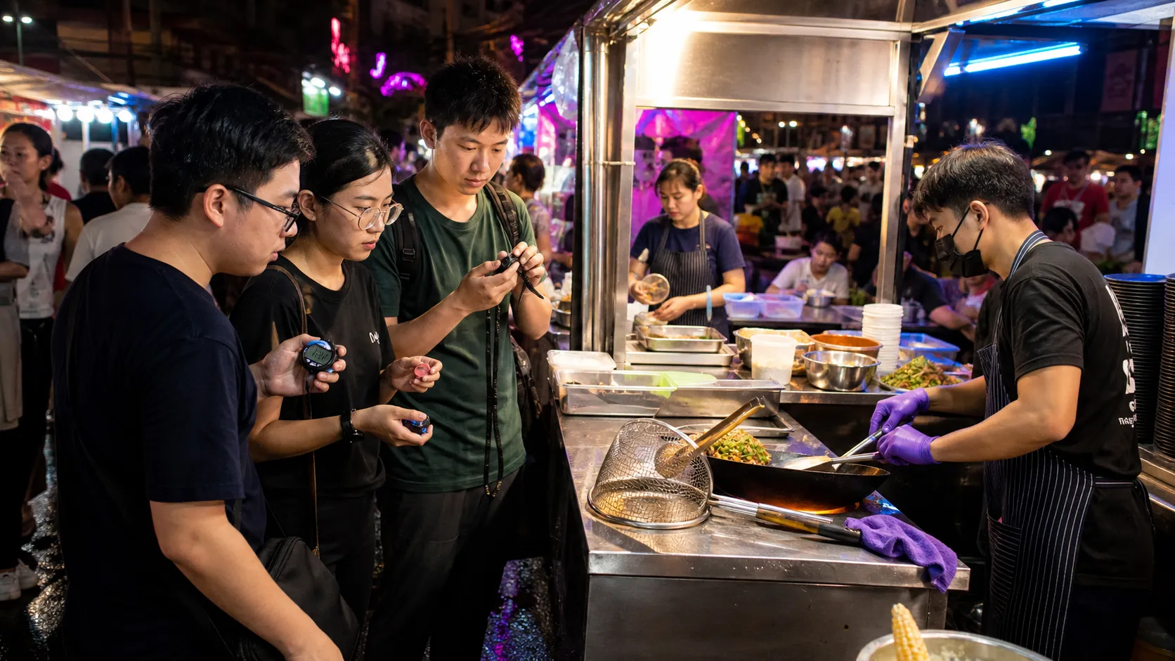 拥挤夜市摊位旁,创业团队观察真实点单与备餐流程并用计时器记录每一步,霓虹反射和高速快门的街头纪实摄影