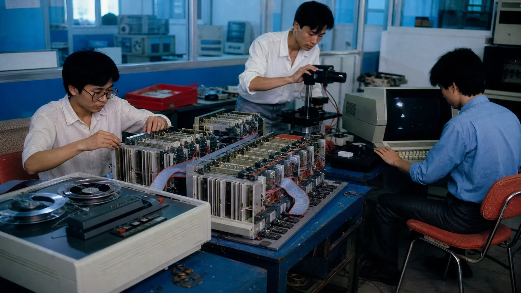 1990年代深圳电子实验室里,工程师把同一计算底板分别扩展成长磁带存储、摄像输入和代码终端,鲜明彩色新闻摄影