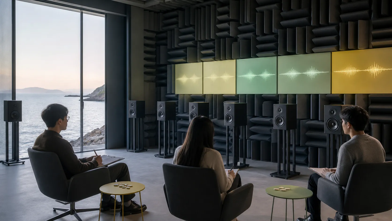海边消声测试舱中三位听众盲听同一旋律的多种版本,扬声器、吸音锥和波形灯光形成冷静科学摄影