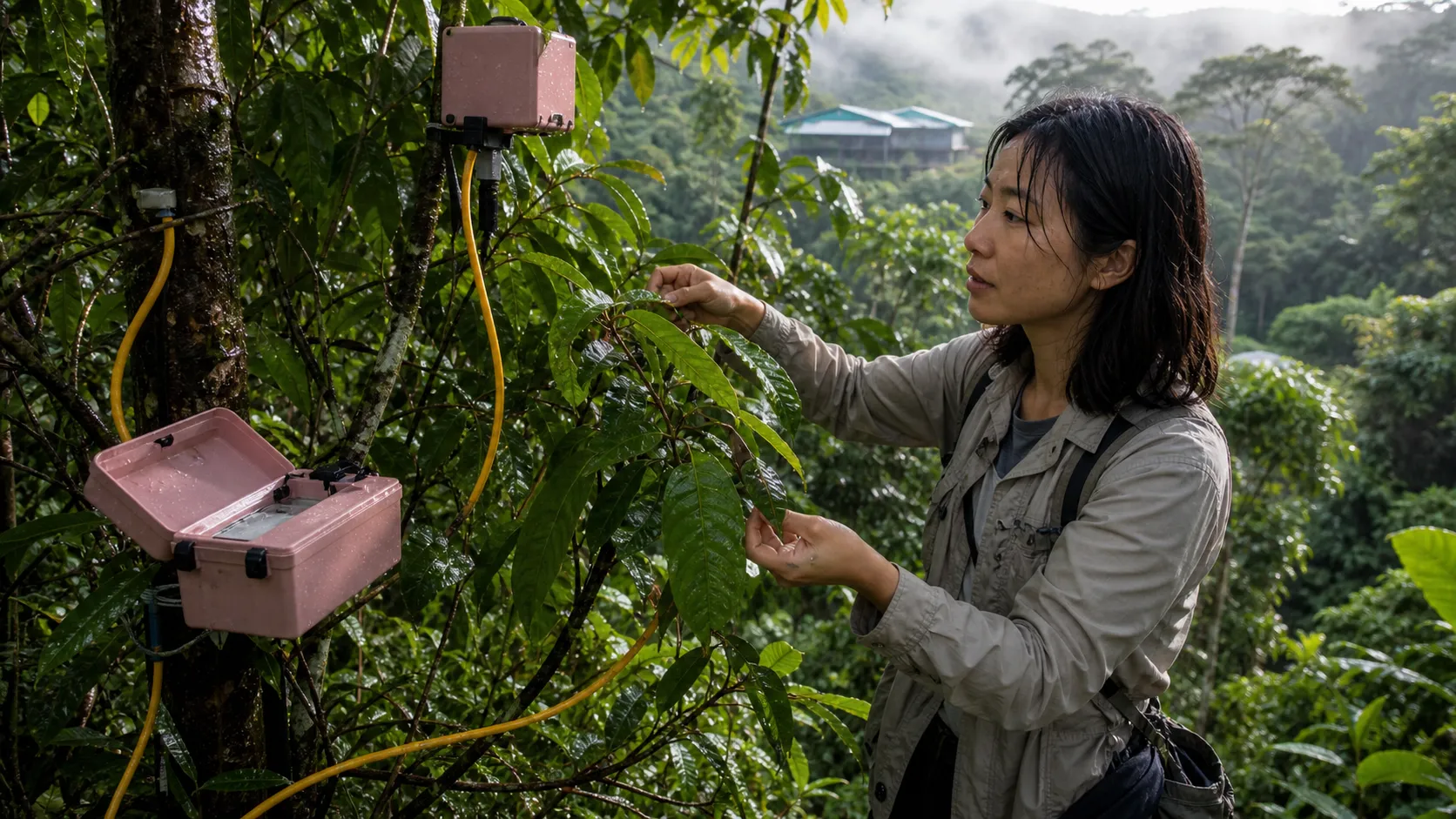 亚马孙雨林冠层研究站里生态学家检查自动传感器抓到的异常数据,并返回真实树木取样,潮湿自然史纪实摄影