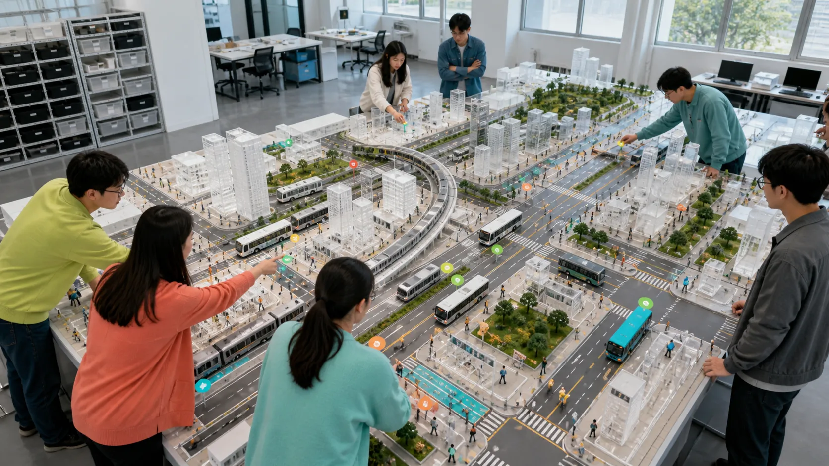 明亮交通仿真实验室里,多种列车与公交模型在实体城市沙盘运行,研究人员观察拥堵与故障回退,俯拍科学摄影