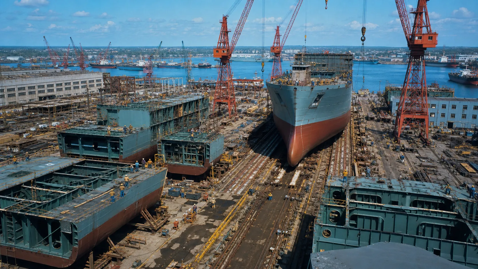 1950年代船厂的多支团队并行建造不同船体模块,随后在船台完成组合,柯达彩色历史重现