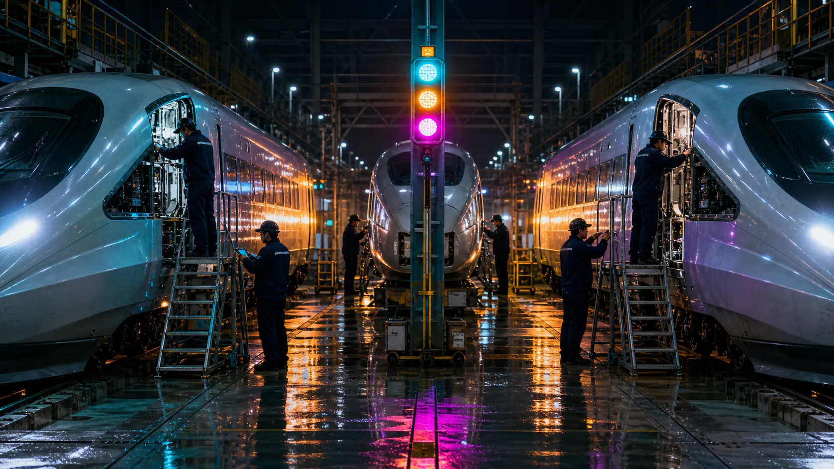 雨夜高铁维护库中多组技术人员同步检查不同列车区段,电影感工程纪实