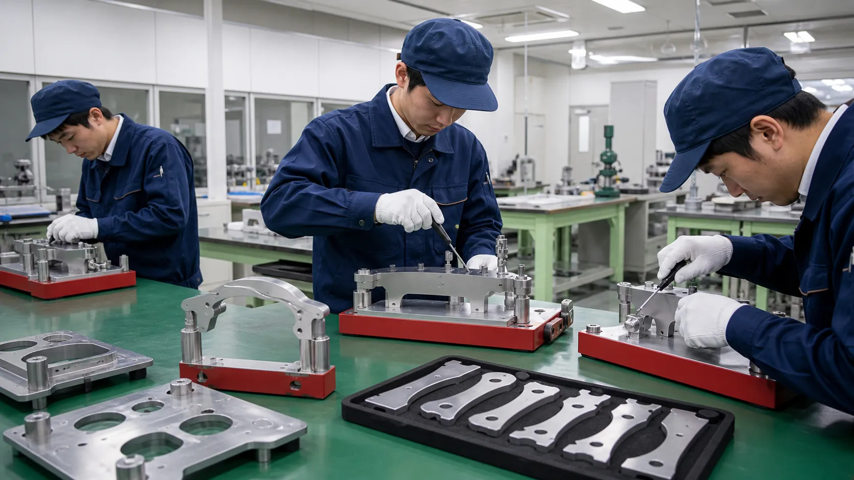日本高速铁路检修班用精确编号的无字机械模板校准不同车组接口,明亮工业测量摄影