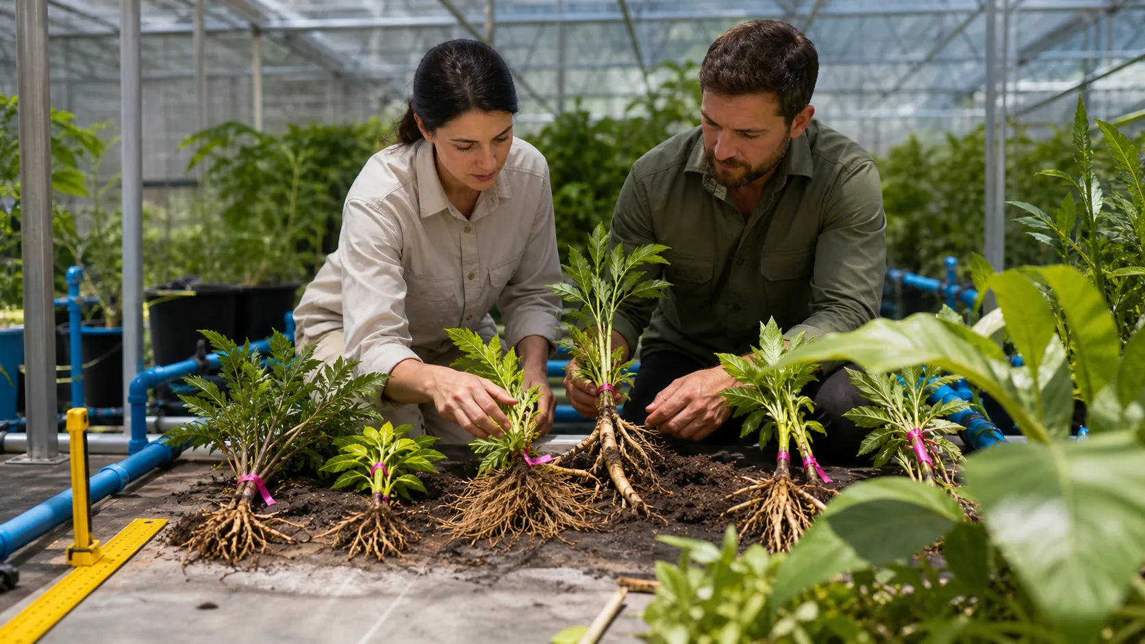 热带植物研究温室培育大量叶形、根系和高度组合,只保留兼顾产量与耐旱的少数品种,鲜艳自然科学纪实