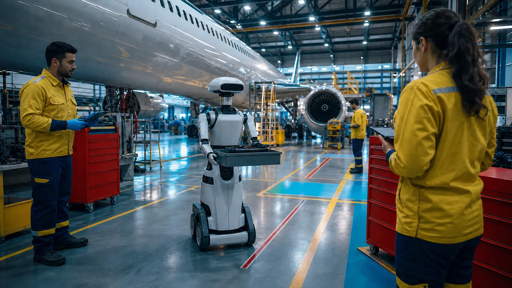 航空维修库里轮式类人机器人在彩色地面标记间递送工具盘,技师从安全距离协作,宽幅电影式工业摄影