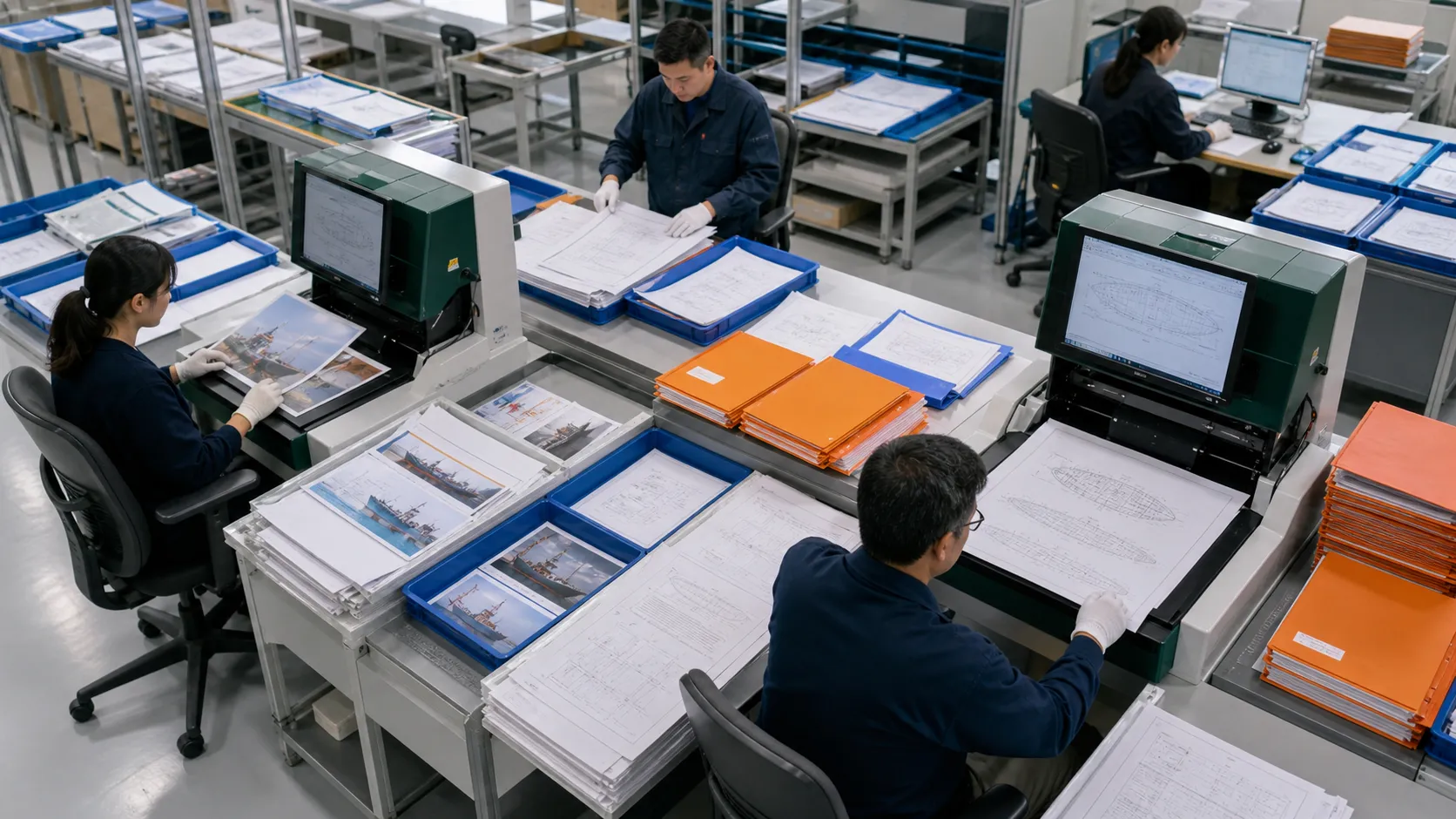 港口资料中心将多语言装运文件、照片和工程图纸分区扫描归档,明亮工业人文纪实摄影