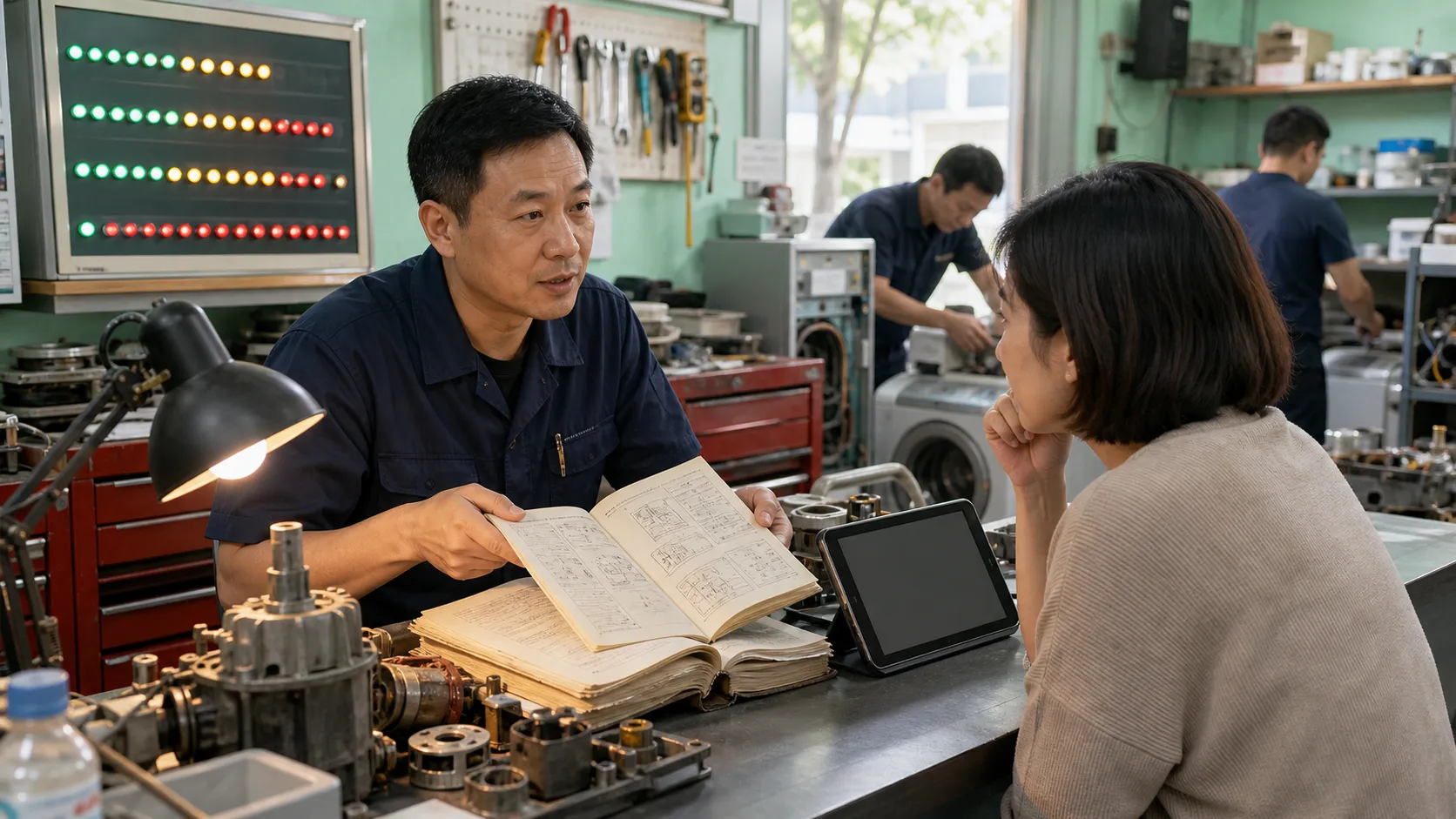 社区家电维修店的服务台同时调取纸质维修手册、零件抽屉和抽象订单状态,暖色近距离人文摄影