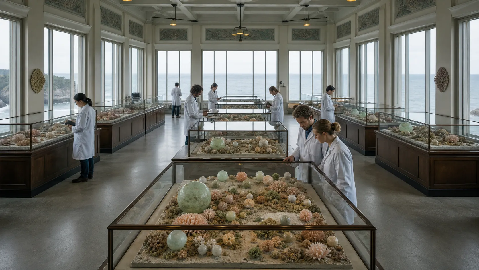 海边自然历史博物馆的研究员检查一排相同指令生成的实体模型,冷静的中画幅纪实摄影