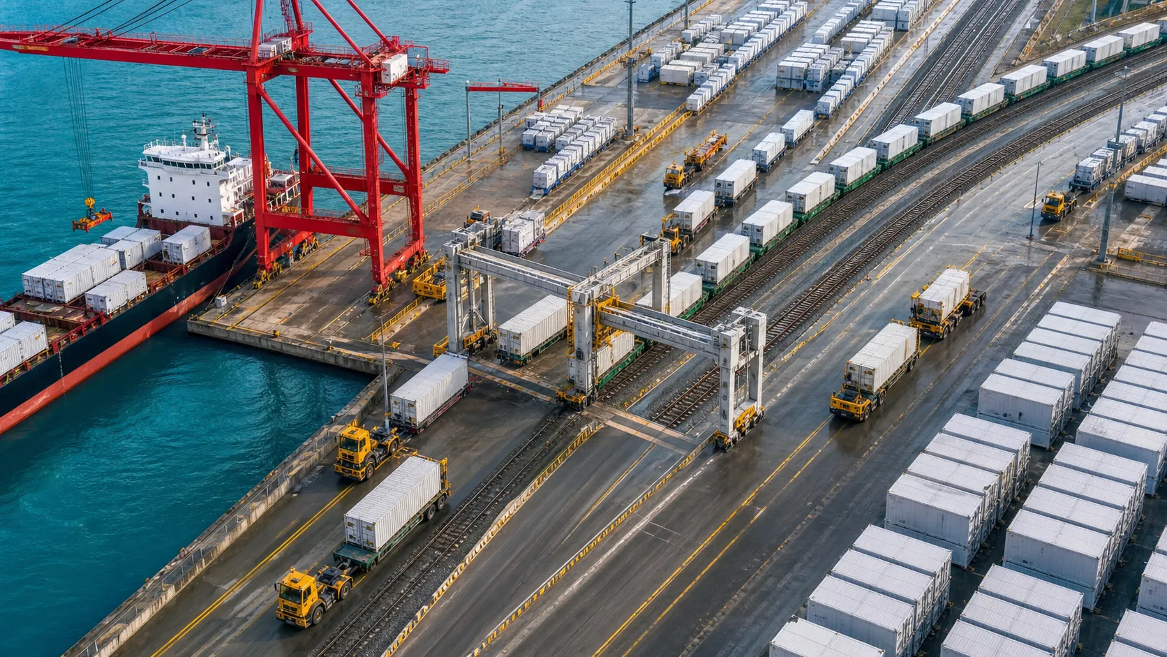 港口集装箱转运中心用统一尺寸的无标识接口连接来自不同地区的铁路、船舶和卡车,航空工业摄影