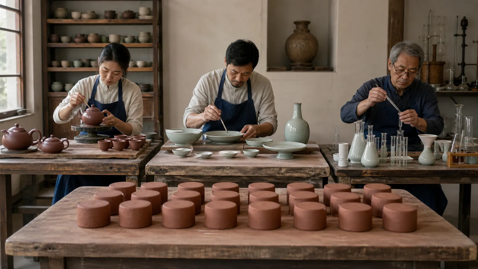 传统陶瓷工坊把通用素坯交给不同师傅适配成茶器、餐具和实验器皿,写实人文摄影