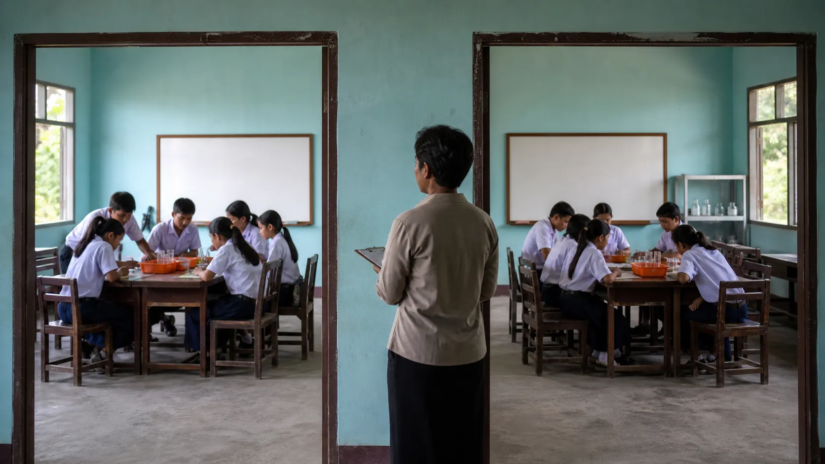 乡村中学的两个平行科学课堂使用不同反馈方式,研究员在走廊观察,写实教育纪实摄影