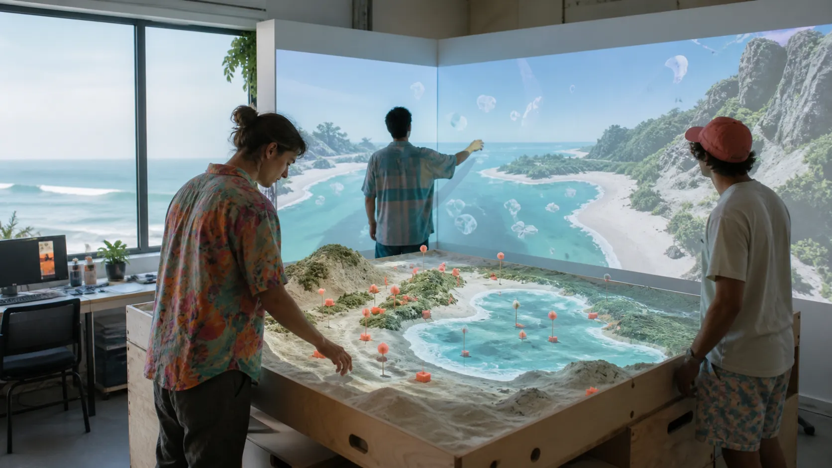 海边独立游戏工作室用实体地形沙盘和可交互投影测试生成式世界原型,清新写实摄影