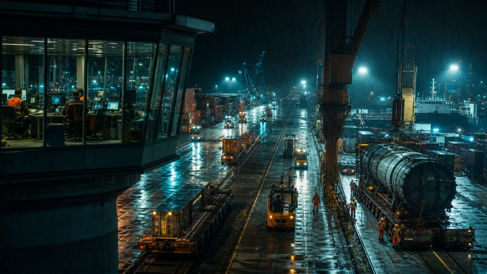 雨夜大型集装箱港口采用快线与重载线分流,调度员在真实控制塔内监看工具车、吊机和回退通道,冷色长焦工业报道摄影