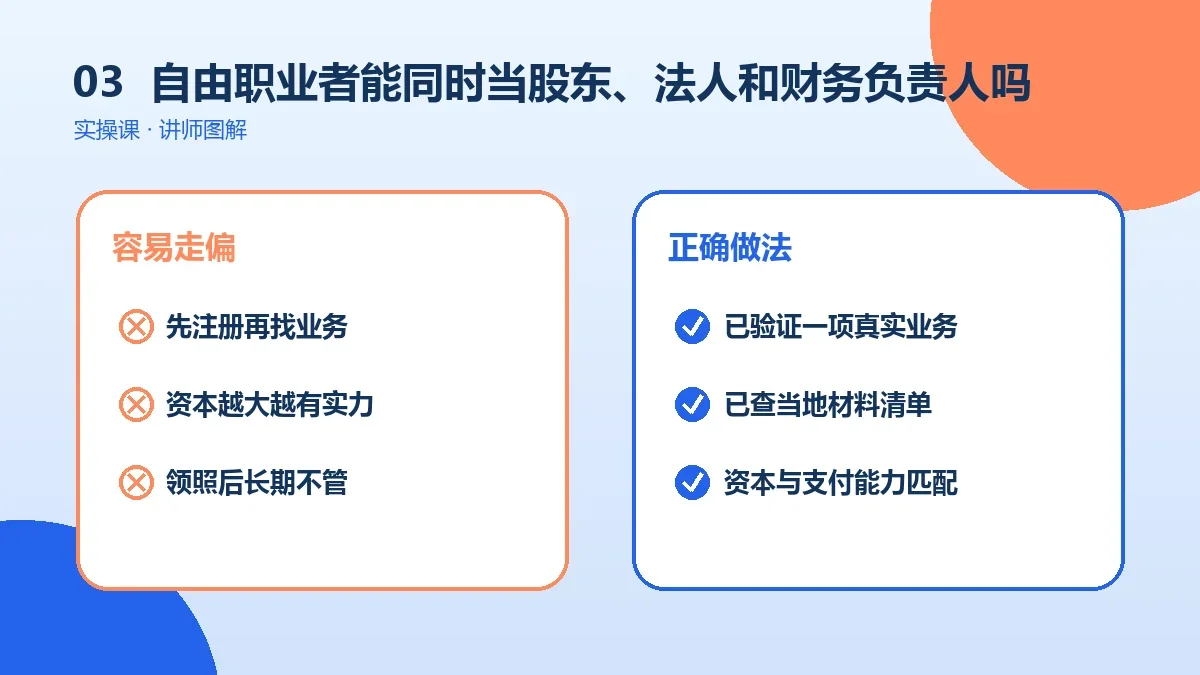 自由职业者能同时当股东、法人和财务负责人吗?角色设置讲清楚实操检查图