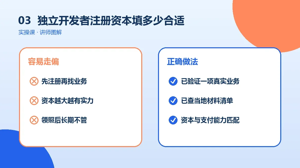 独立开发者注册资本填多少合适?OPC一人公司认缴、实缴与责任边界实操检查图