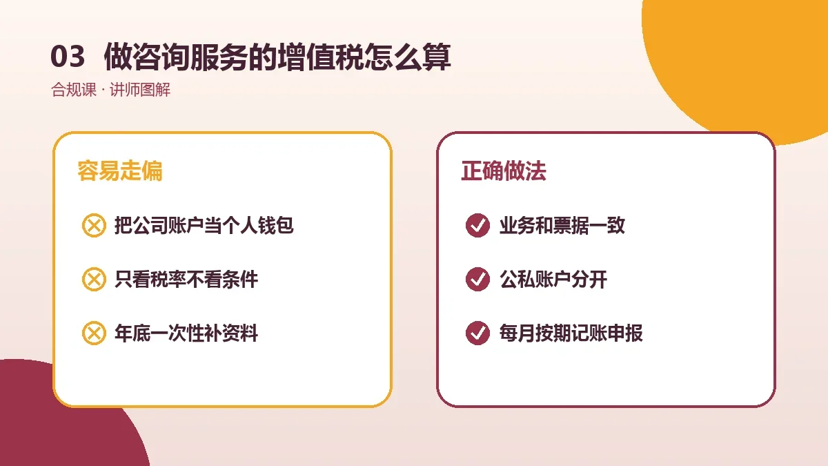 做咨询服务的OPC一人公司的增值税怎么算?小规模与一般纳税人口径对比实操检查图