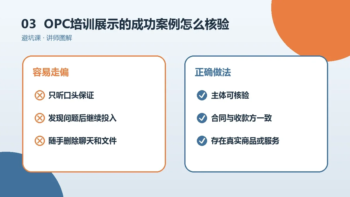 OPC培训展示的成功案例怎么核验?公司、客户与收入证据实操检查图